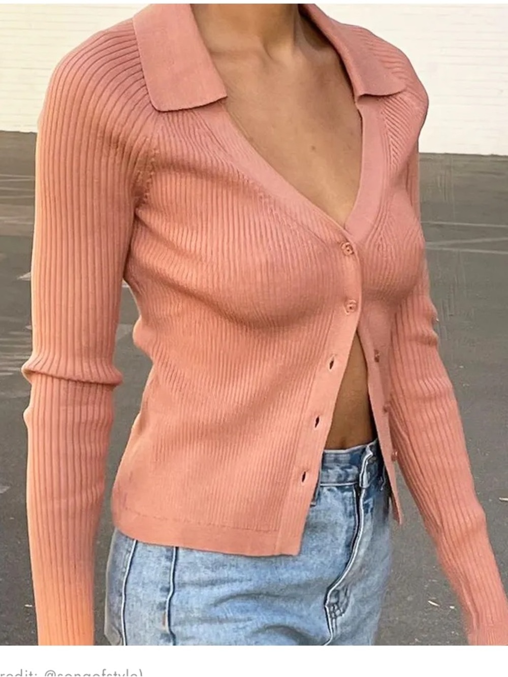 INTERMIX Peach Cotton Ribbed Button-Front Long Sleeve Top medium